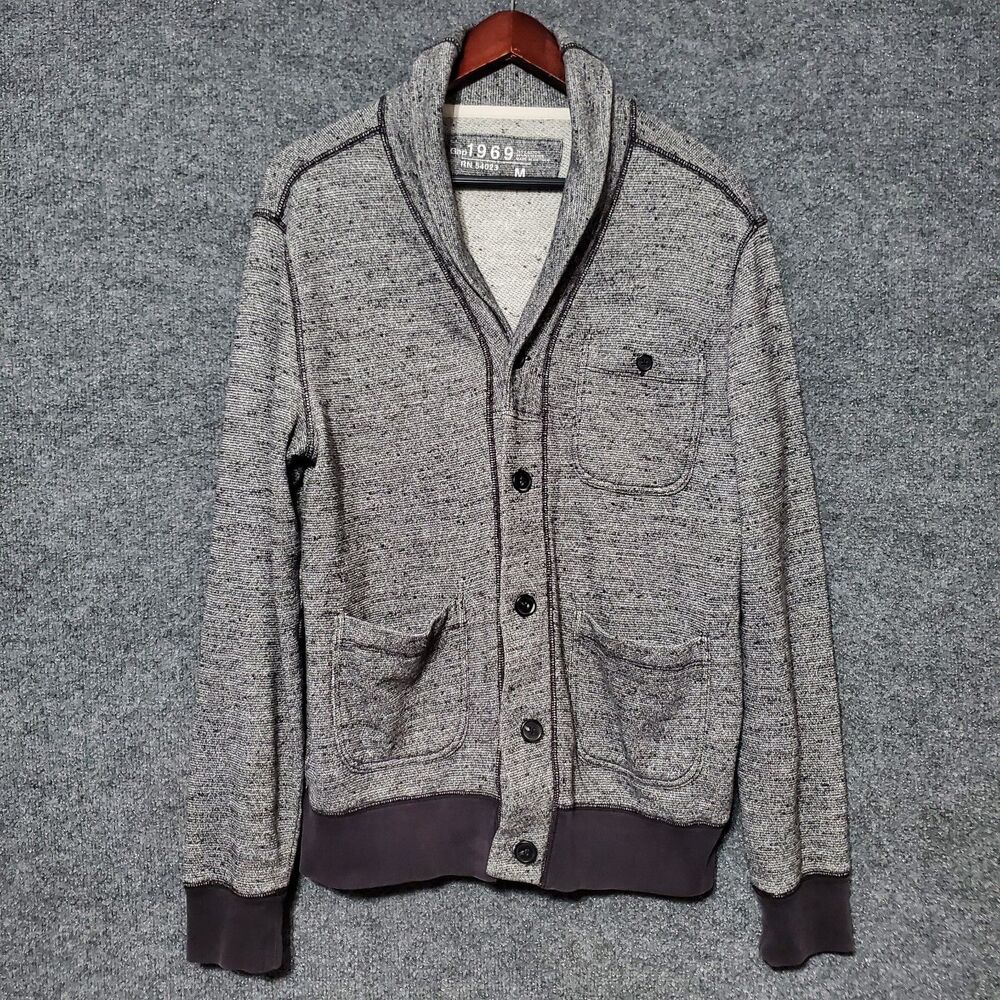 Gap 1969 Cardigan Shawl Collar Sweater Mens Medium Gray Shaker Y2K Retro VTG